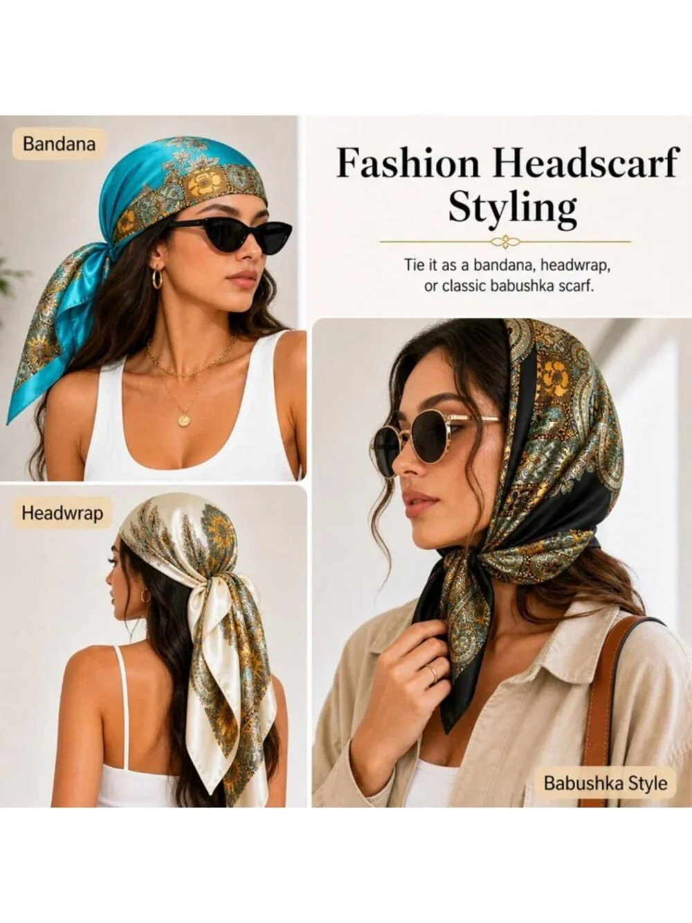 4PCS 35” Satin Large Square Scarves - Silk-Like Neck Wraps & Hair Accessories